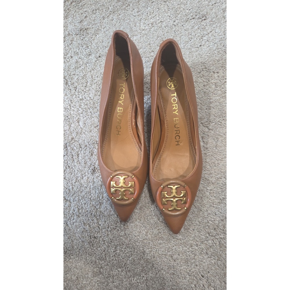 Tory Burch Tan Leather Pointed Toe Flats with Gold Logo